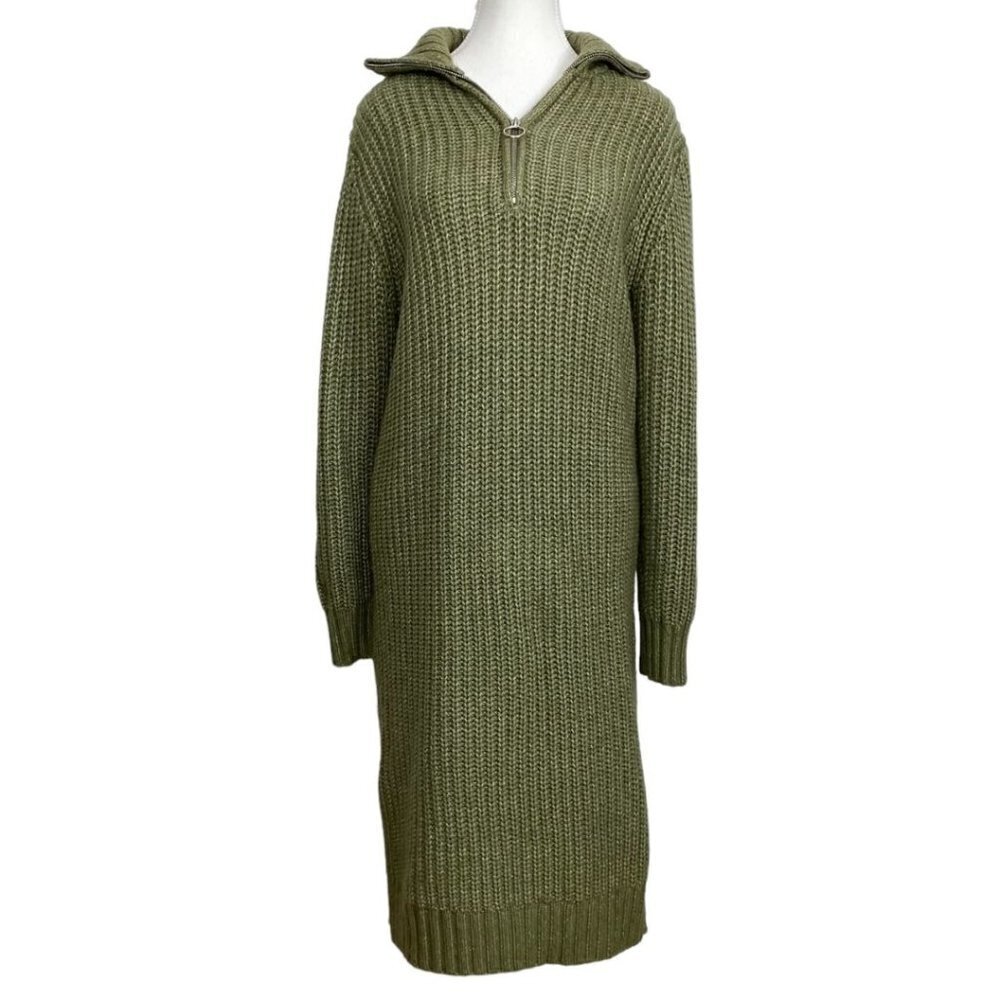 RUBY MOON GREEN KNIT ZIPPED MOCK NECK LONG SLEEVE SWEATER DRESS - S